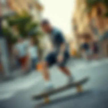 Skateboarder wearing Russell Nylon Shorts in an urban setting