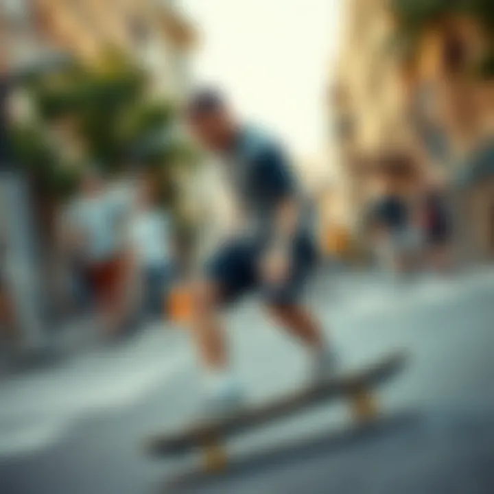 Skateboarder wearing Russell Nylon Shorts in an urban setting
