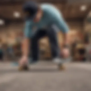 A skateboarder inspecting their Action Skateboard, emphasizing maintenance and safety gear.