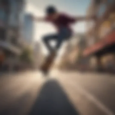 Skateboarding Performance in Urban Settings A skateboarder performing a trick in an urban environment, showcasing the performance of Action Skateboards.