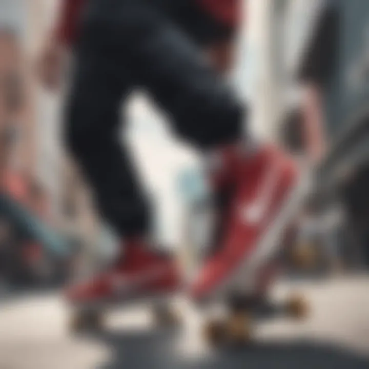 Dynamic skateboarder showcasing red, black, and white Nike sneakers in motion