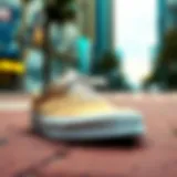 Stylish taupe Vans shoes displayed on a vibrant urban background