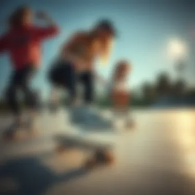 Group of skaters wearing taupe Vans in action at skate park