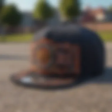 Detailed View of Snapback Hat Design Close-up of snapback hat with intricate embroidery and design
