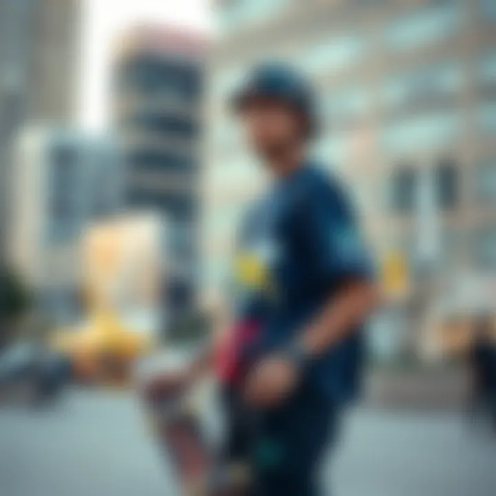 Skateboarder wearing an anime-inspired shirt in an urban setting