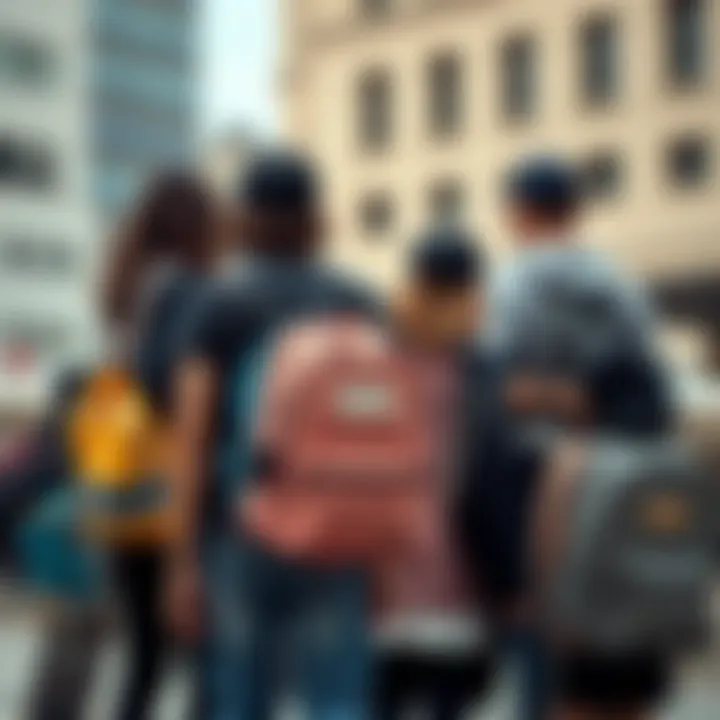A group of skaters showcasing their cute brand backpacks in an urban environment