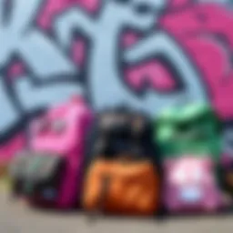 A vibrant collection of cute brand backpacks displayed against a graffiti wall