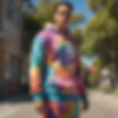 Vibrant tie-dye sweatsuit displayed outdoors