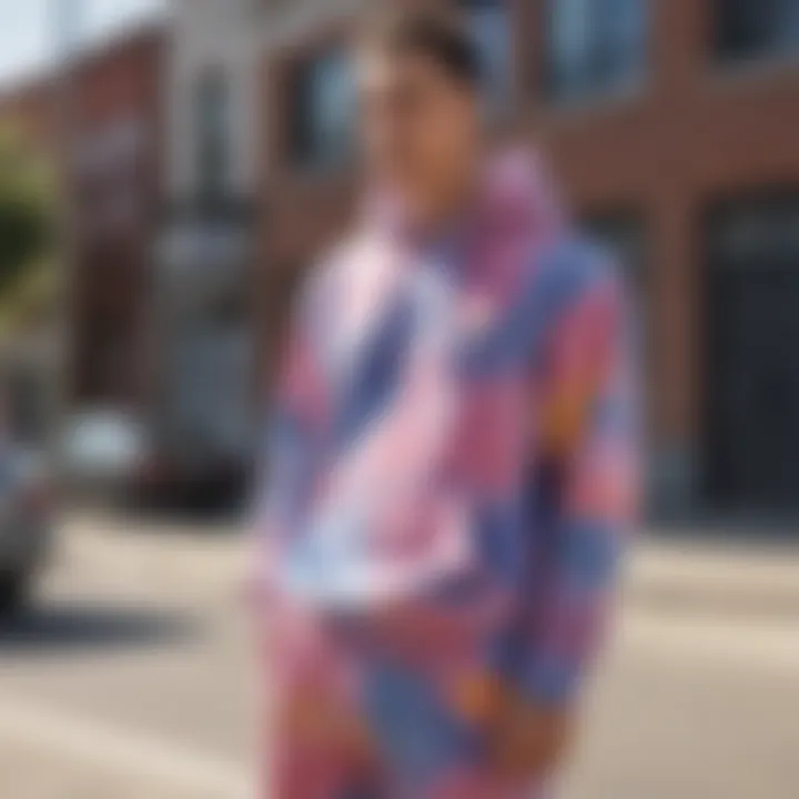 Stylish individual wearing a tie-dye sweatsuit in urban setting