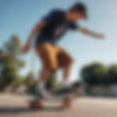 Skateboarder performing tricks while wearing baggy corduroy shorts, embodying skate culture