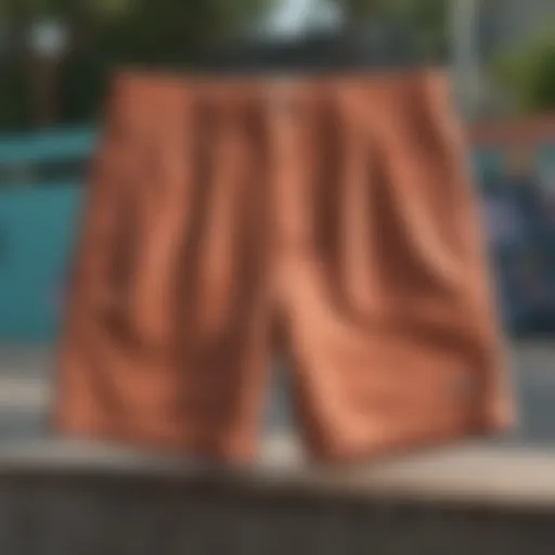 A stylish pair of baggy corduroy shorts displayed on a vibrant skate park backdrop