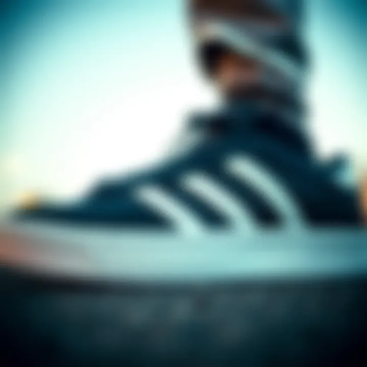 Close-up of black Adidas footwear showcasing design details