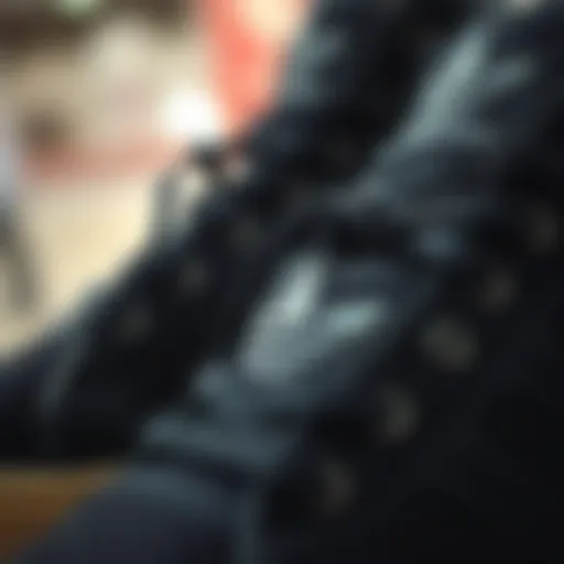 Close-up of black Adidas suede skate shoes showcasing texture