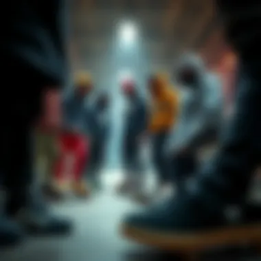 Group of skaters showcasing diverse styles with black Adidas suede
