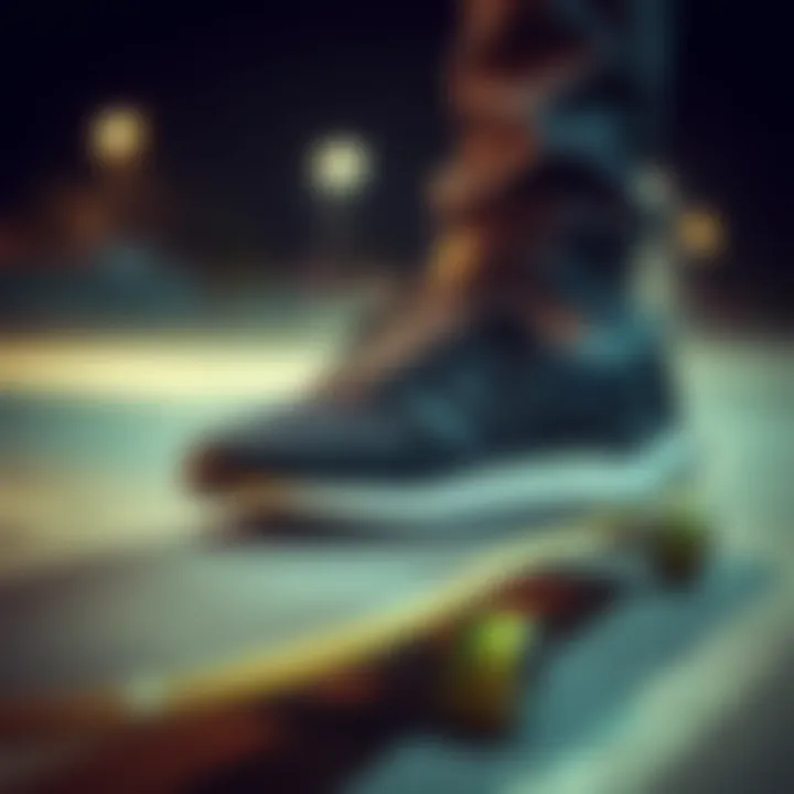Stylish presentation of black Adidas suede shoes on a skateboard