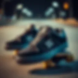 Stylish black and grey DC shoes on a skateboard