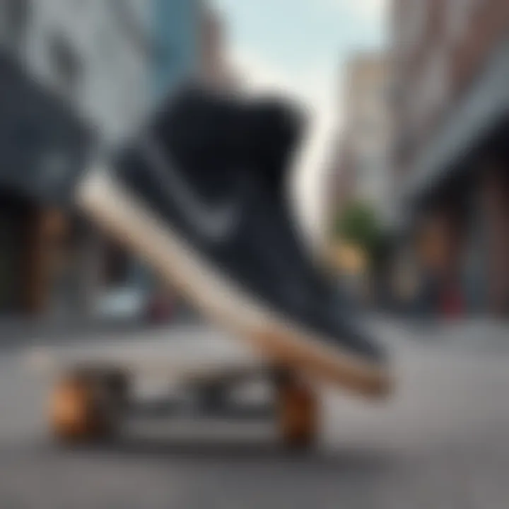 Stylish black high top Nike shoes on a skateboard