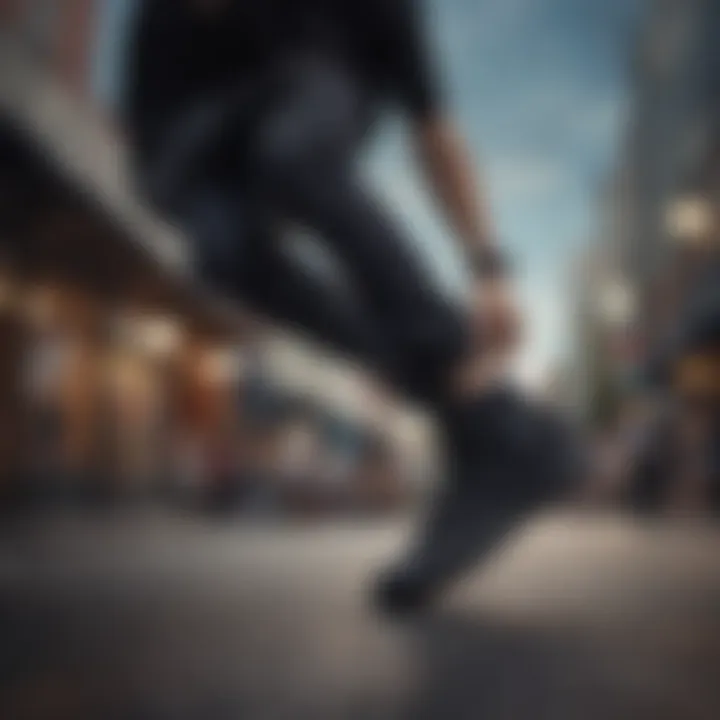 Skateboarder performing tricks while wearing black on black Converse