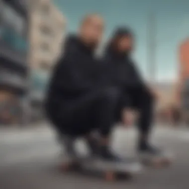 Fashionable Pairing with Black Oversized Hoodie A fashionable individual pairing a black oversized hoodie with skate shoes