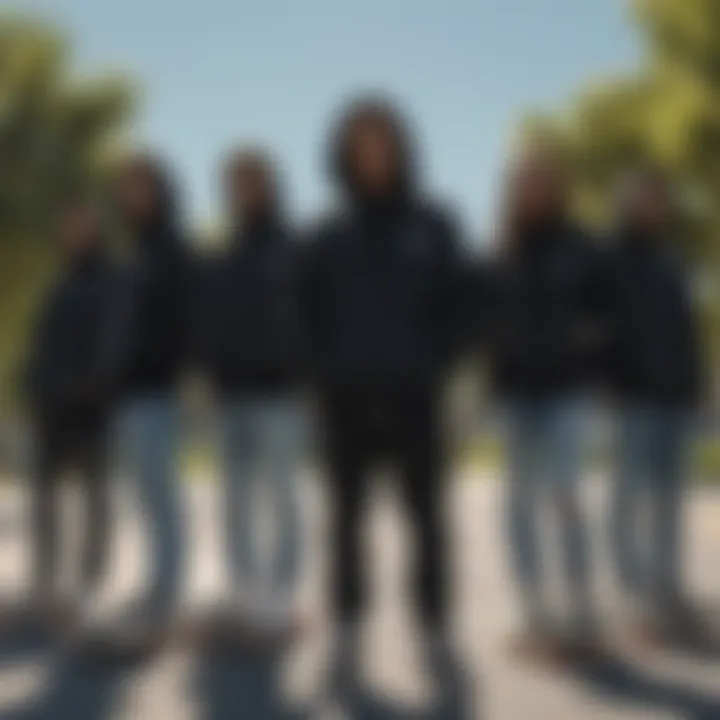 A group of skateboarders in black oversized hoodies enjoying a park