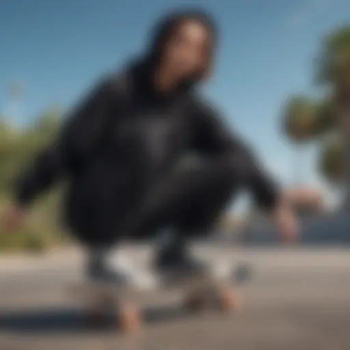 A sleek black oversized hoodie draped stylishly on a skateboard