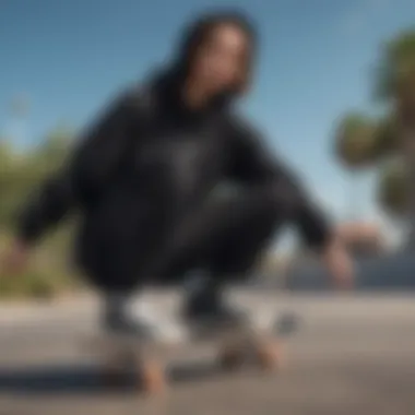 Stylish Black Oversized Hoodie on Skateboard A sleek black oversized hoodie draped stylishly on a skateboard