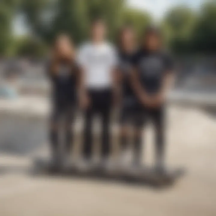 Group of friends wearing black tie dye Vans in a skate park