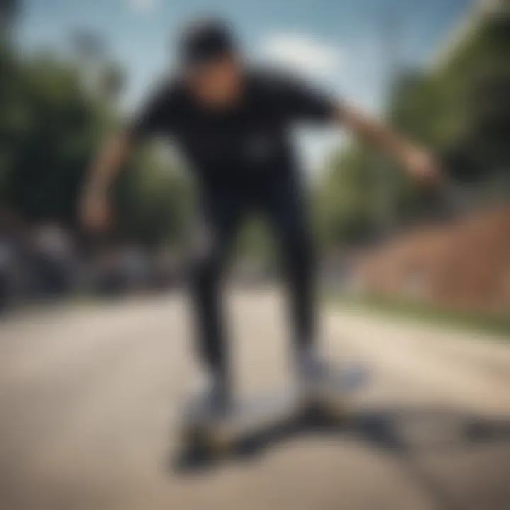 Skateboarder showcasing black tie dye Vans in action