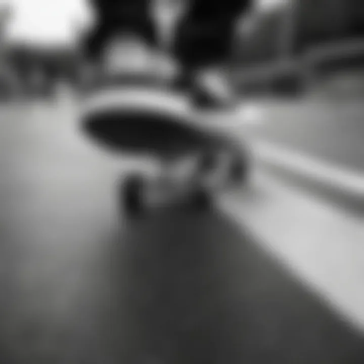 Close-up of a skateboarder performing tricks on a black and white deck