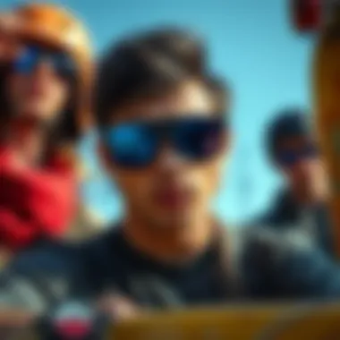 Blue Flash Aviators in Skate Culture A group of skateboarders showcasing blue flash aviators