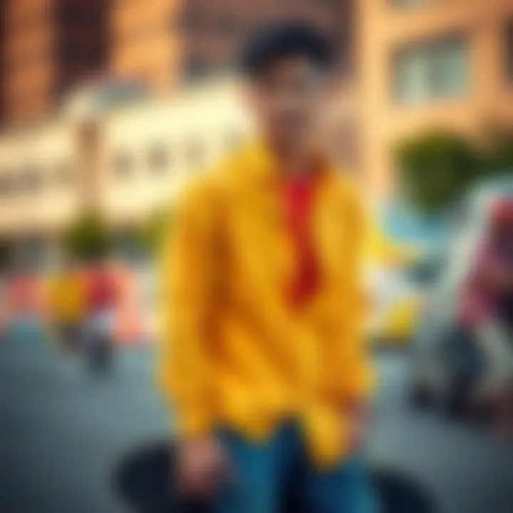 A skateboarder showcasing a bright button-down shirt in an urban setting