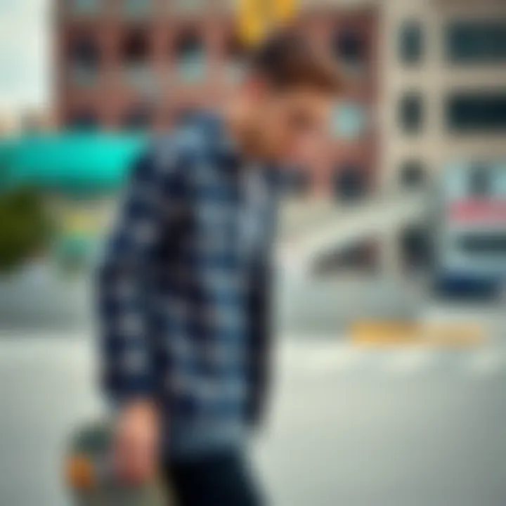 A skateboarder wearing a Brixton flannel in an urban setting