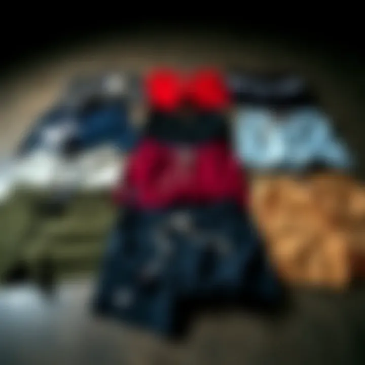 A collection of different styles of Brixton shorts laid out on a flat surface
