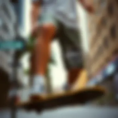 Skateboarder wearing Brixton shorts in an urban setting