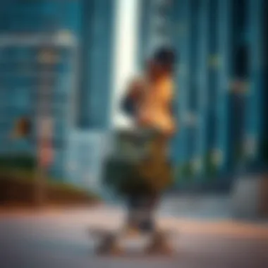 Skateboarder using a camo bookbag in an urban setting