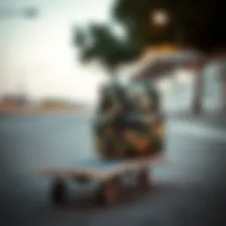 Stylish camo bookbag on a skateboard