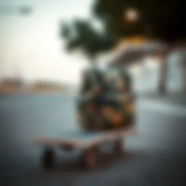 Stylish camo bookbag on a skateboard