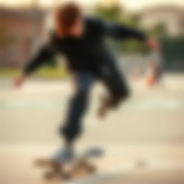 An active individual demonstrating flexibility and freedom of movement in Champion thin sweatpants while skateboarding.
