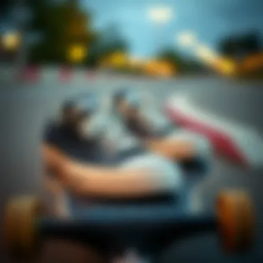 Close-up of Chuck shoes on a skateboard deck