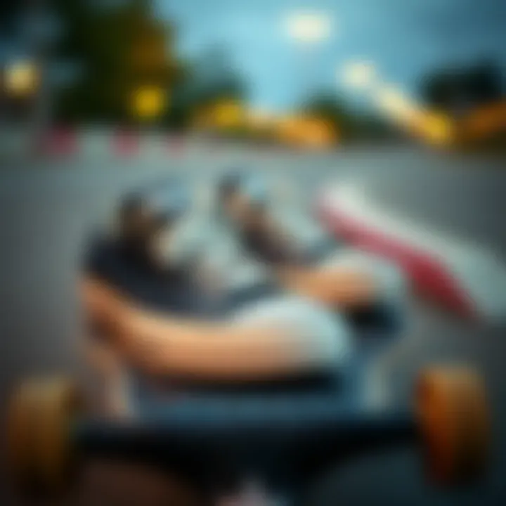 Close-up of Chuck shoes on a skateboard deck