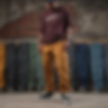 Variety of Dickies pants styles displayed against a skate backdrop