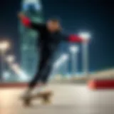 Skateboarder in Action Stylish skateboarder in a long sleeve t-shirt performing a trick