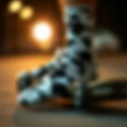 Close-up of cow print socks on a skateboard