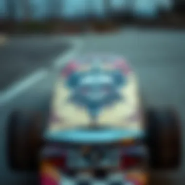 A close-up view of a skateboard adorned with a striking graphic tee design, highlighting artistic innovation.