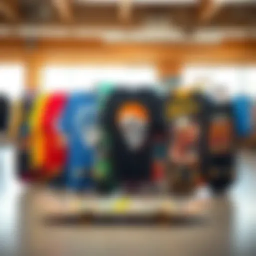 Vibrant Graphic Tees Collection A vibrant collection of graphic tees displayed on skateboards, showcasing artistic designs.