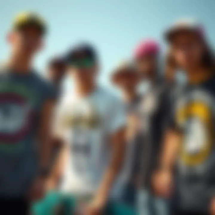 A group of skaters wearing unique graphic tees, representing diverse styles and identities within the culture.
