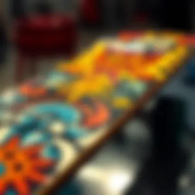 Close-up of skateboard deck showcasing unique graphic elements