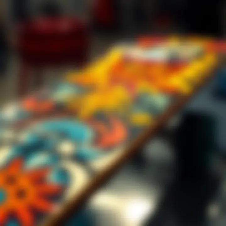 Close-up of skateboard deck showcasing unique graphic elements