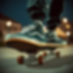 Dark green high top Vans on a skateboard