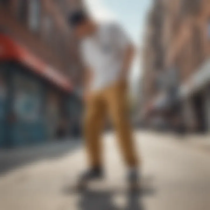 Skateboarder wearing Dickies skating pants in an urban setting